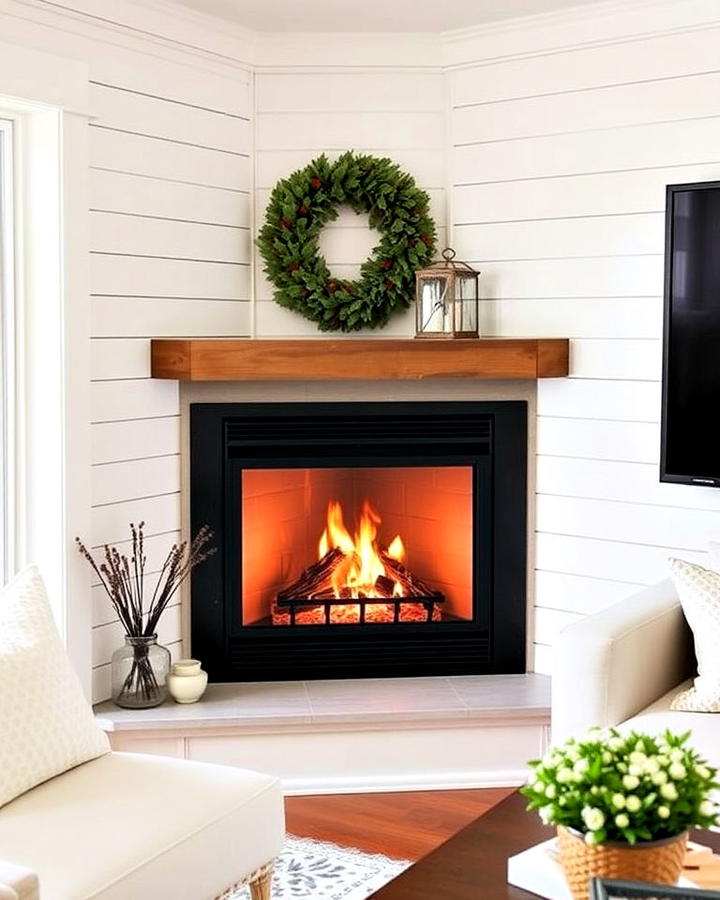 Corner Gas Fireplace With a Shiplap Wall