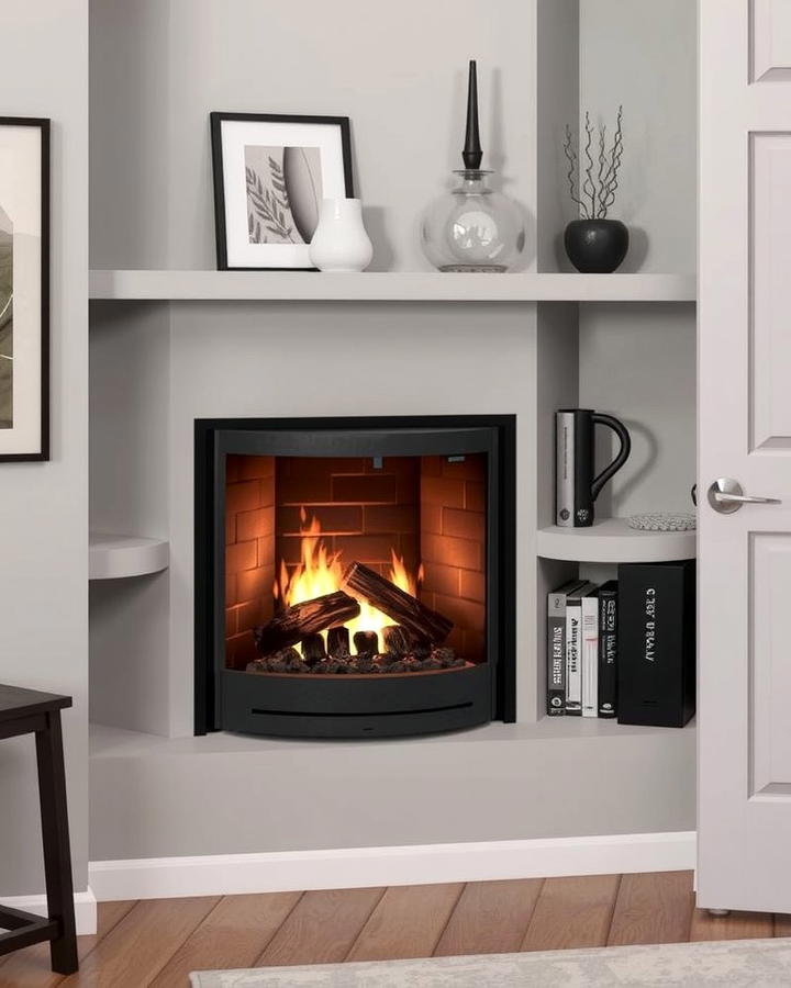 Corner Gas Fireplace with Built In Shelving