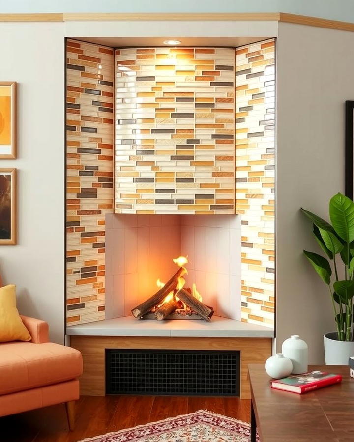 Corner Gas Fireplace with Tile Surround