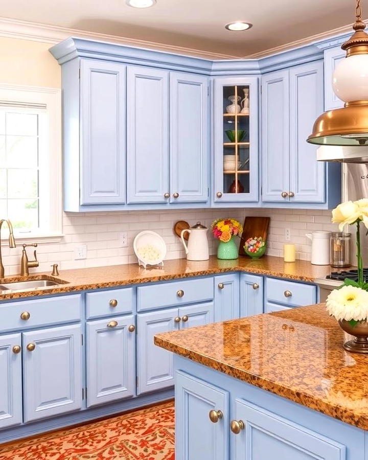 Cornflower Blue Cabinets with Coffee Brown Granite