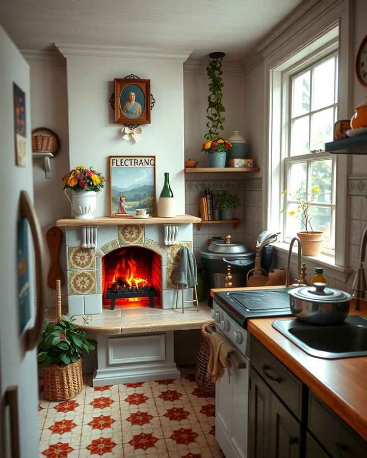 Cottage Style Kitchen with a Corner Fireplace