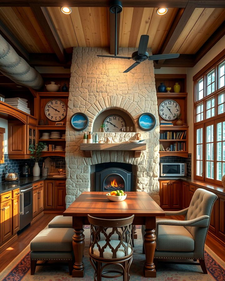 Cozy Traditional Kitchen with a Stone Fireplace