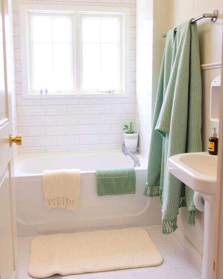 Cream Bathtub Mat with Sage Green Towels