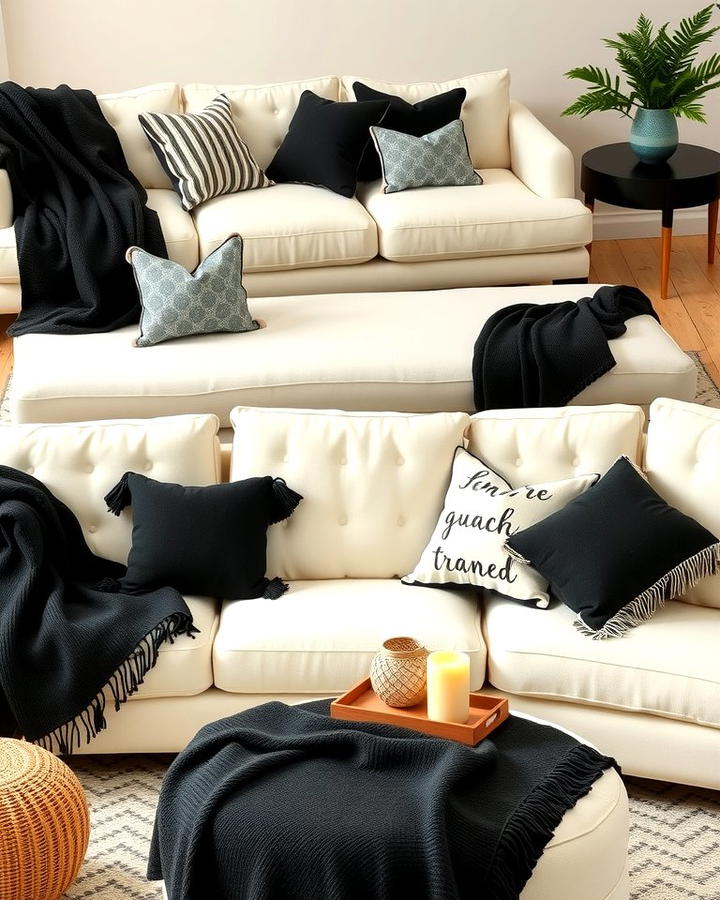 Cream Sofas with Black Throw Blankets