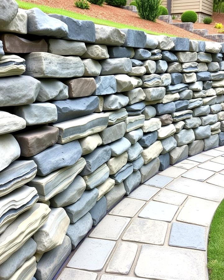 Curved Retaining Wall with River Rocks