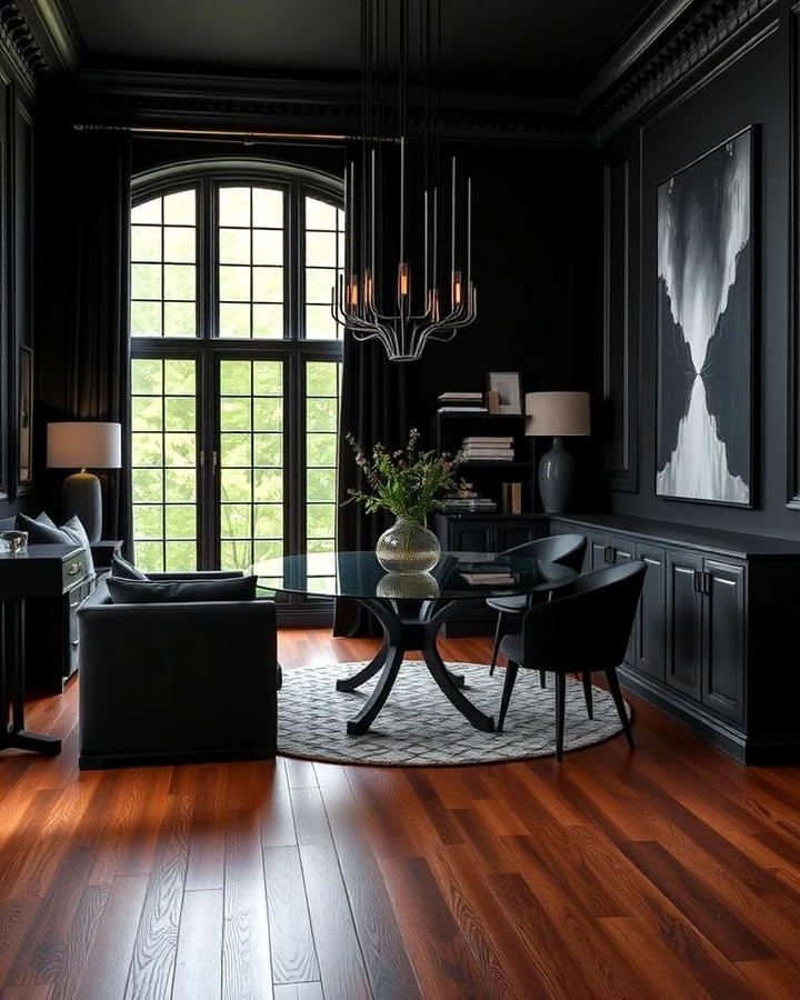 Dark Brown Flooring with Black Furniture