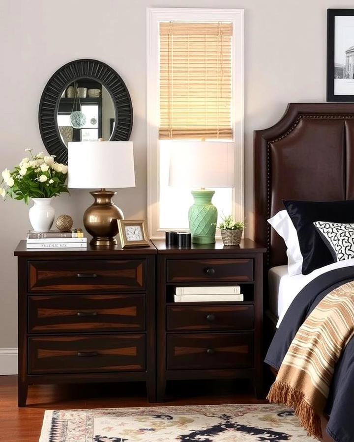 Dark Brown Nightstands with Black Hardware