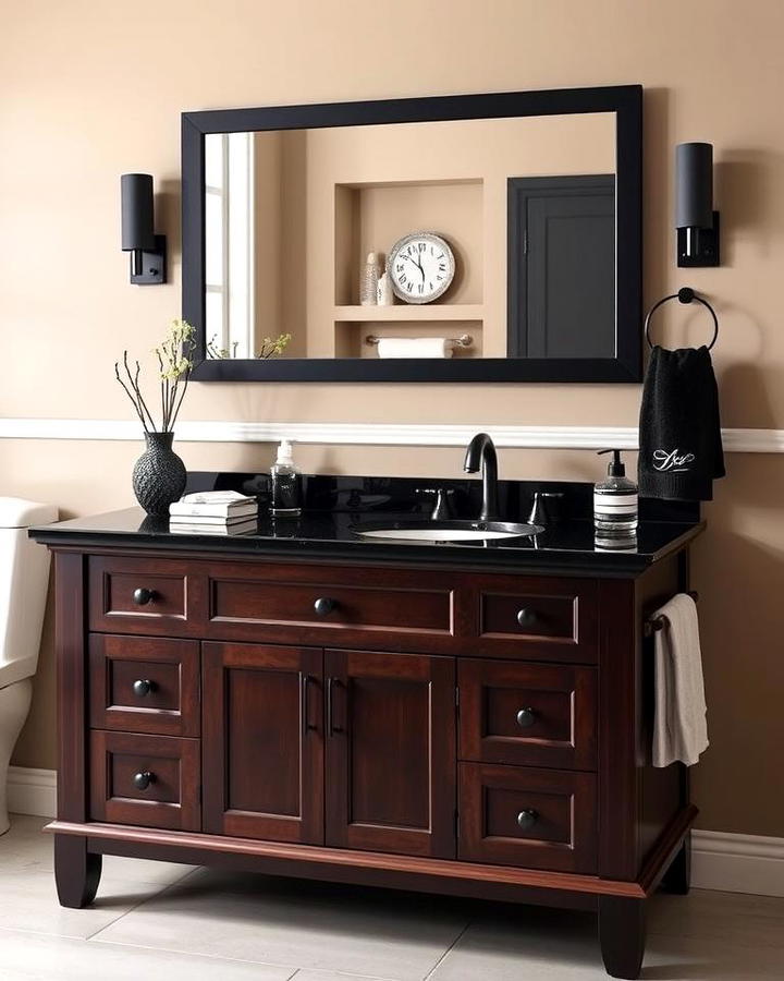 Dark Brown Vanity with Black Countertop