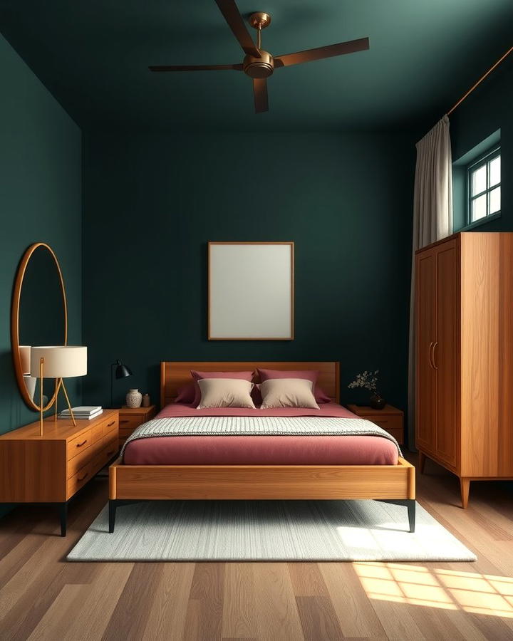 Dark Green Walls with Light Brown Furniture