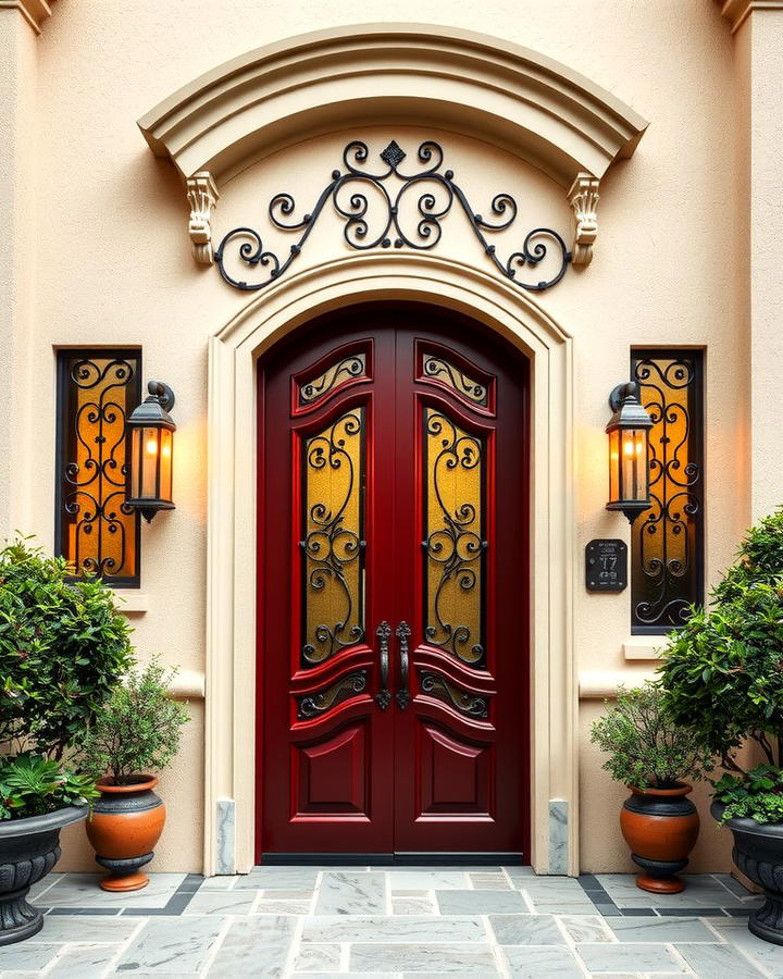 Dark Red Door with Ornate Ironwork