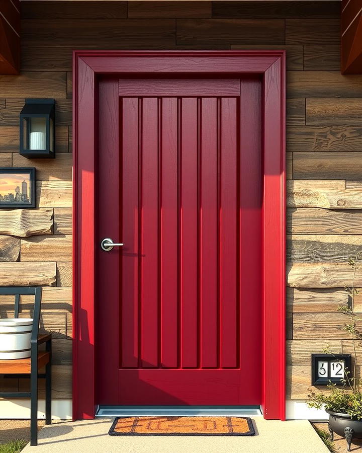 Dark Red Door with Vertical Wood Panels