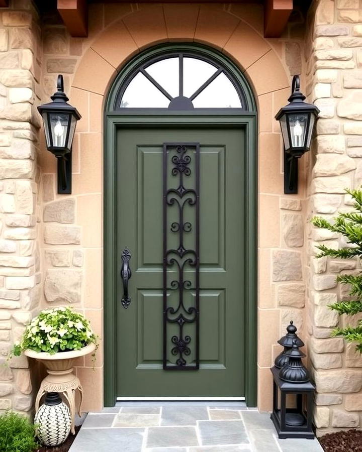Dark Sage Green Door with Wrought Iron Details