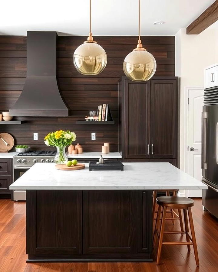 Dark Stained Shiplap with a Light Quartz Island