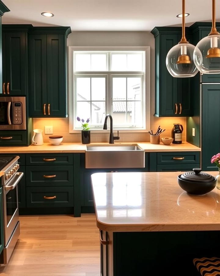 Deep Green Cabinets with Beige Countertops