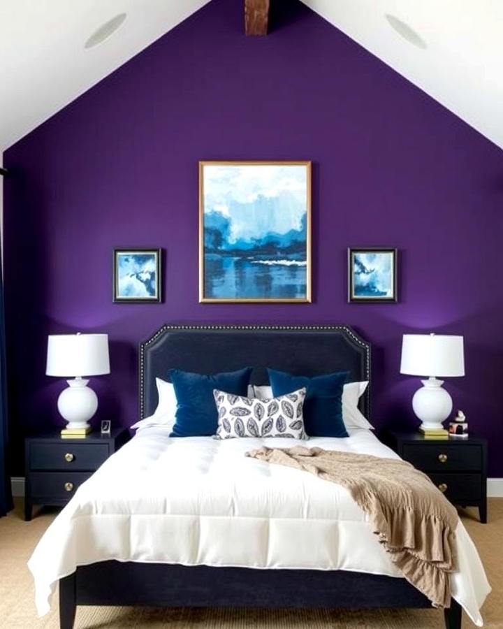 Deep Purple Accent Wall with Blue Artwork