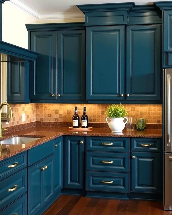 Deep Teal Cabinets with Chocolate Brown Granite