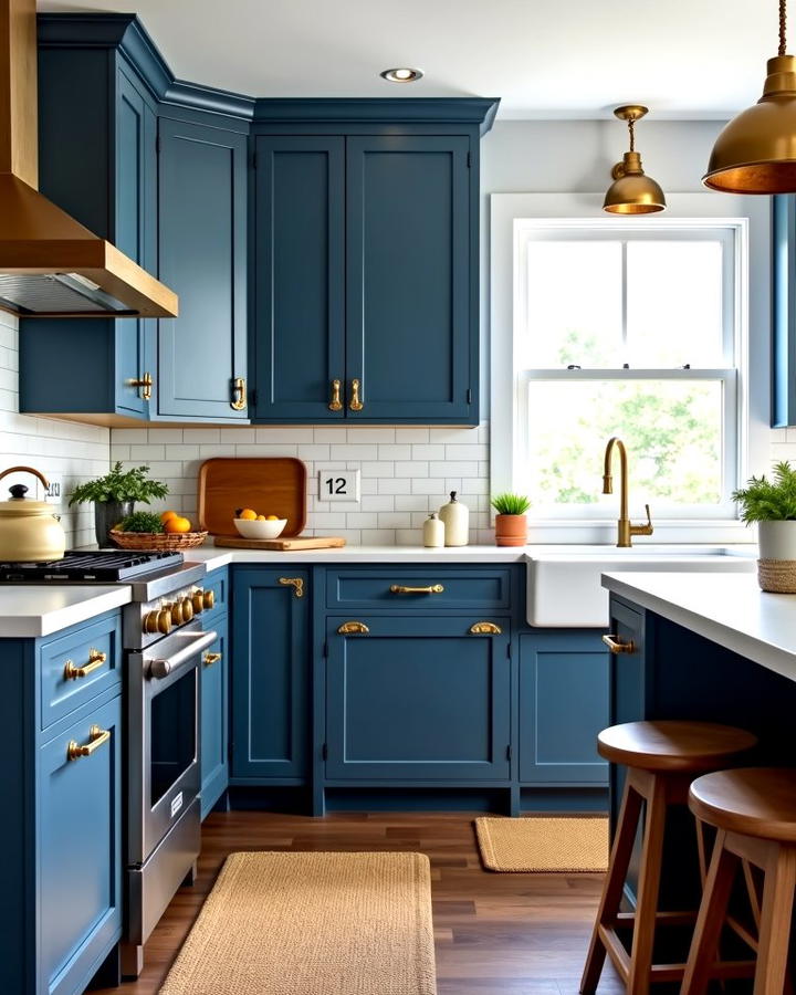 Denim Blue Cabinets with Gold Rope Style Hardware