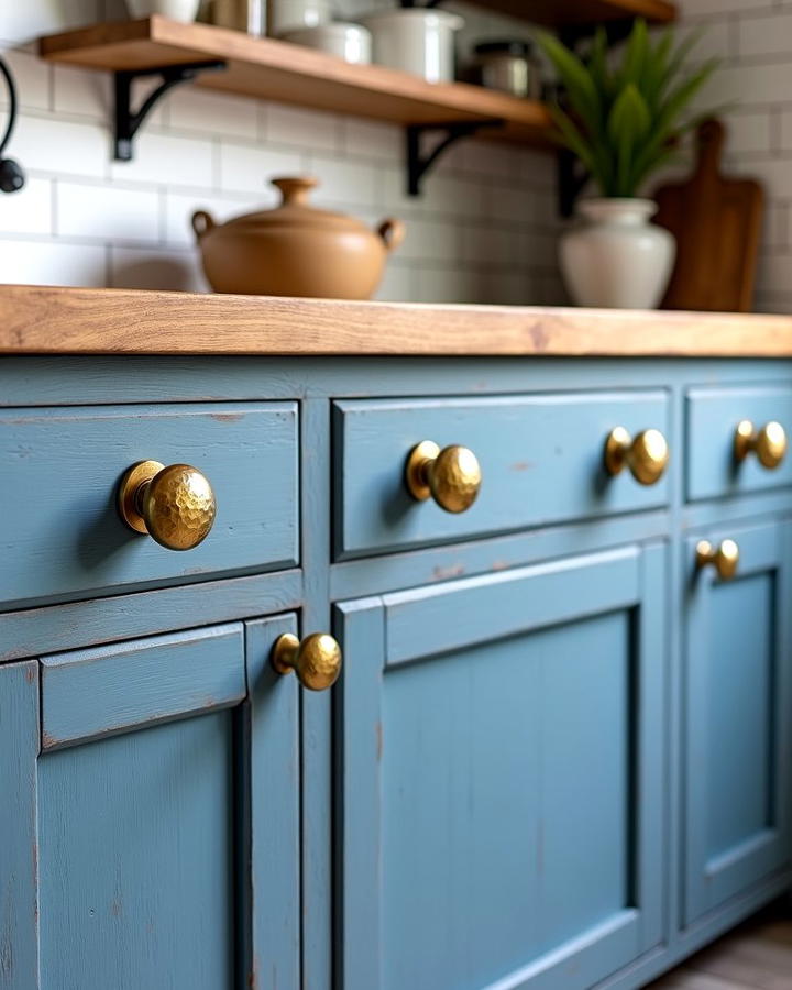 Denim Blue Cabinets with Hammered Gold Hardware