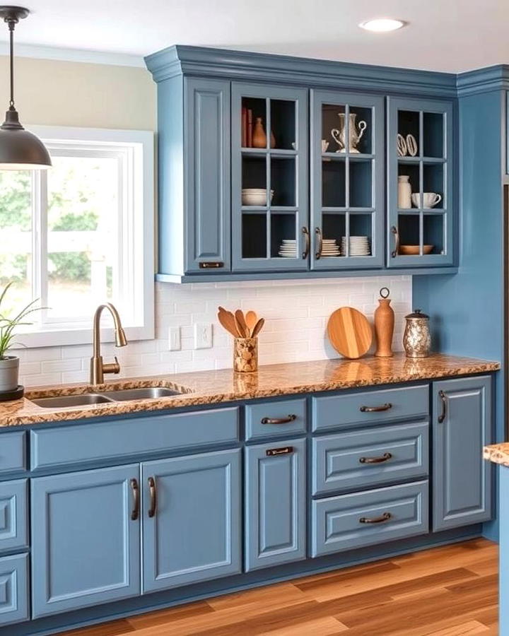 Denim Blue Cabinets with Walnut Brown Granite