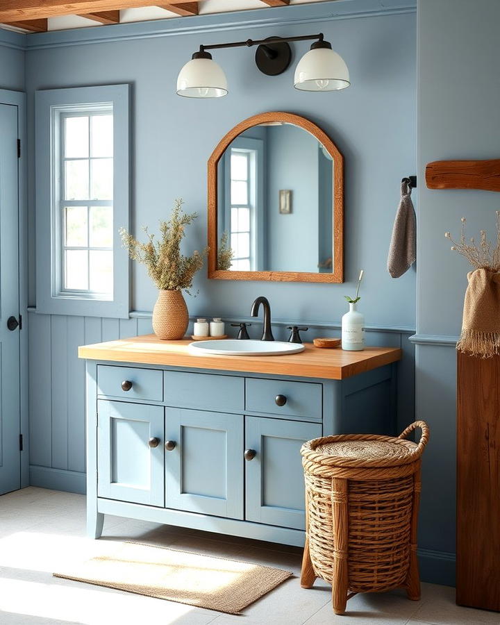 Denim Blue Vanity with Wooden Countertop