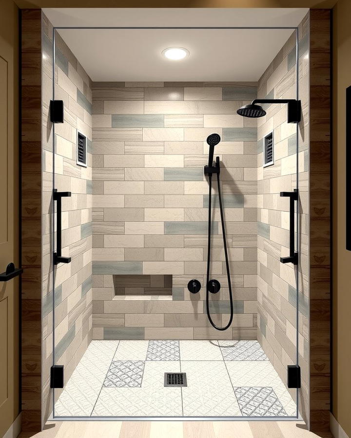 Double Shower with Contrasting Tile Designs