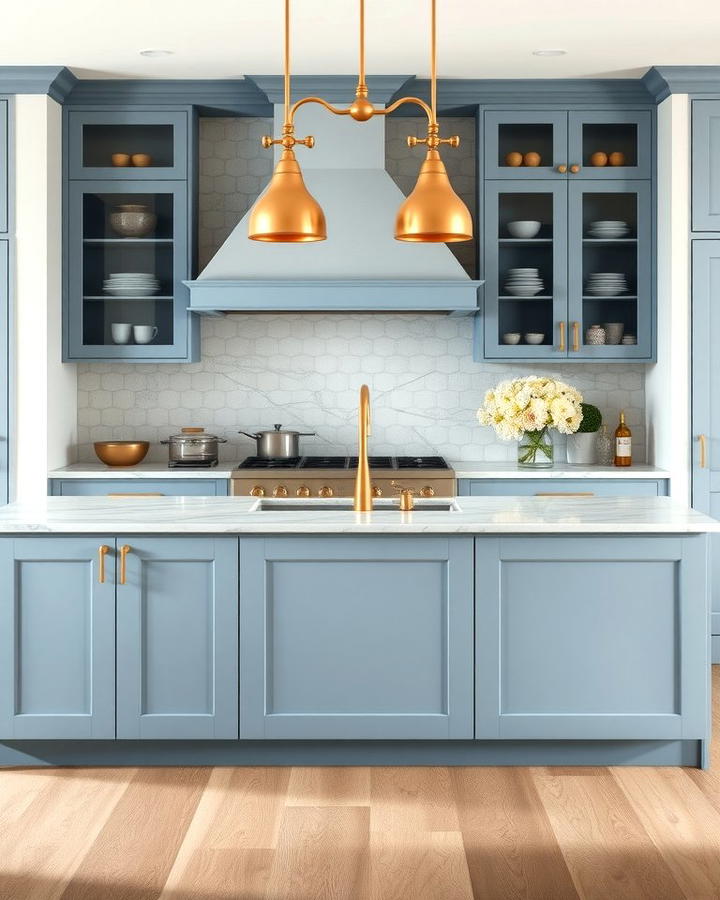 Dusty Blue Island with Brass Fixtures