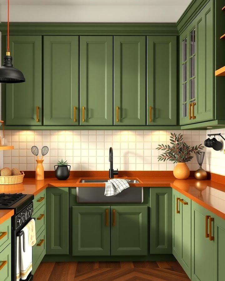 Earthy Green Cabinets with Warm Brown Countertops