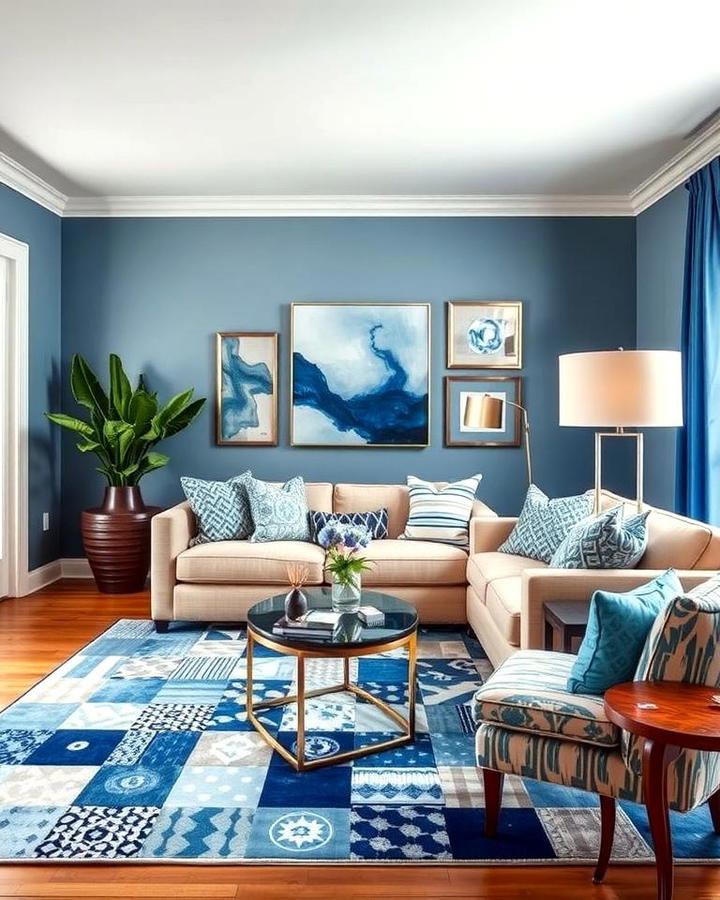 Eclectic Blue and Beige Living Room