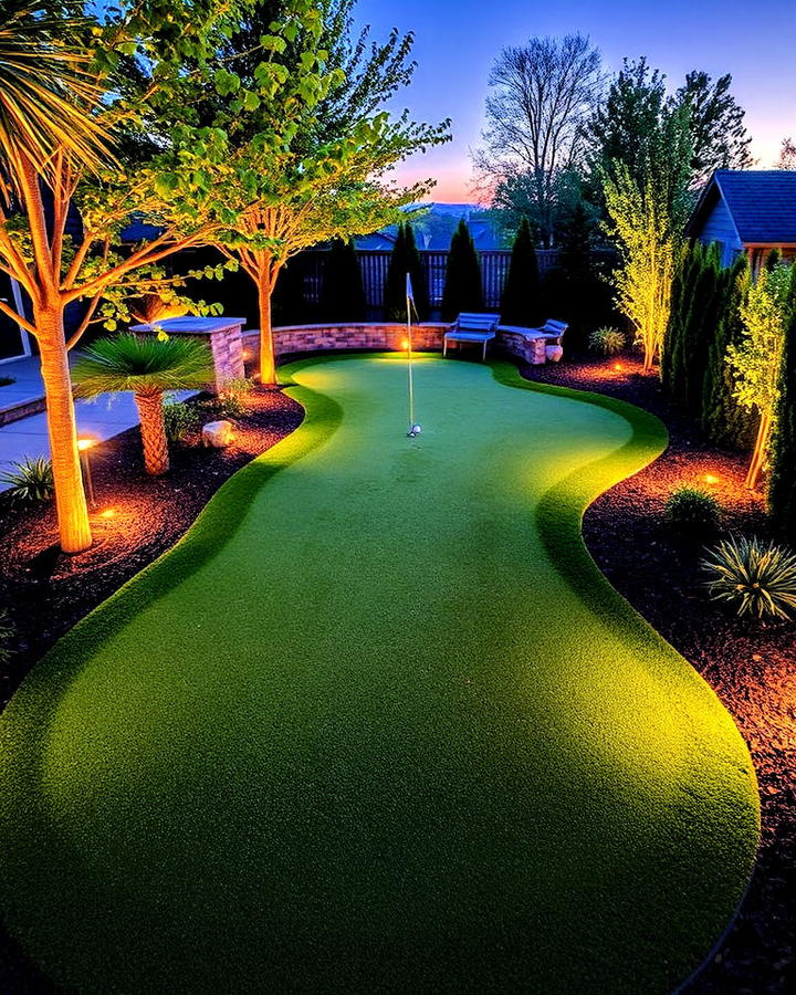 Elegant Backyard Putting Green With Lighting