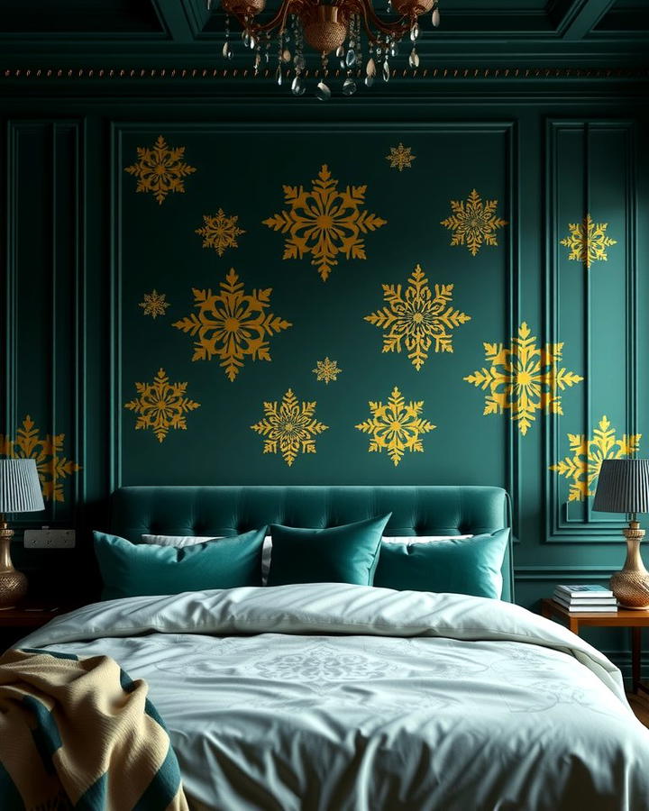 Emerald Green Accent Wall with Gold Stencils