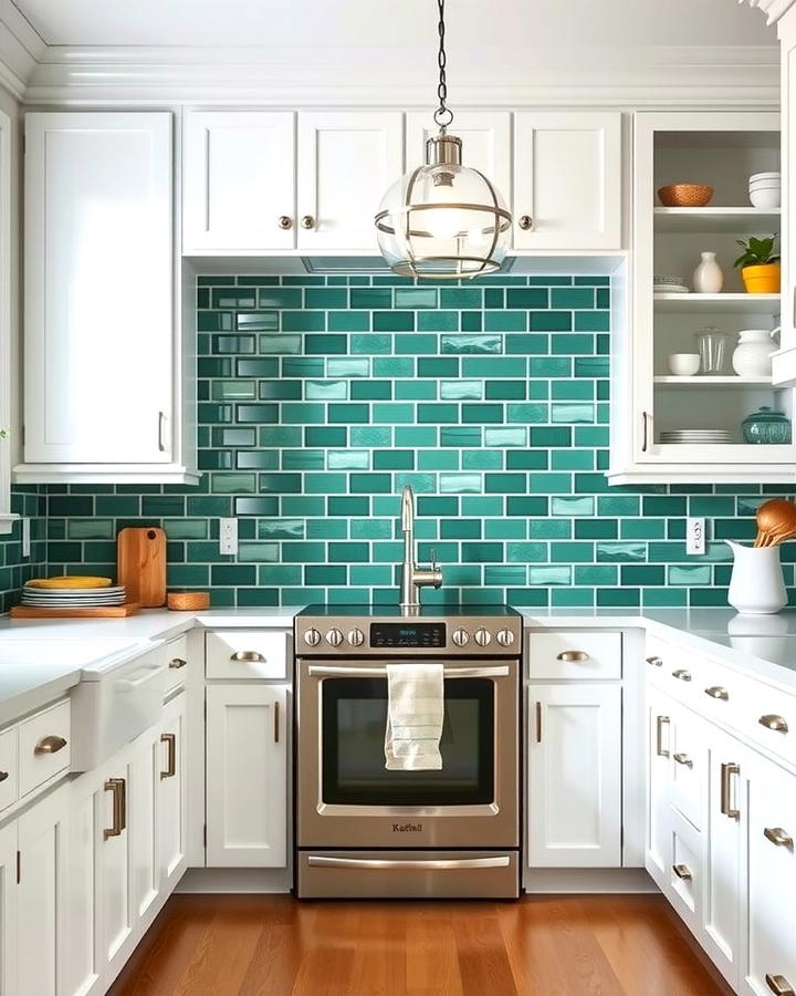 Emerald Green Backsplash with White Cabinets