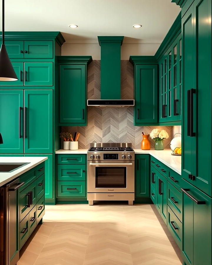 Emerald Green Cabinets with Black Hardware