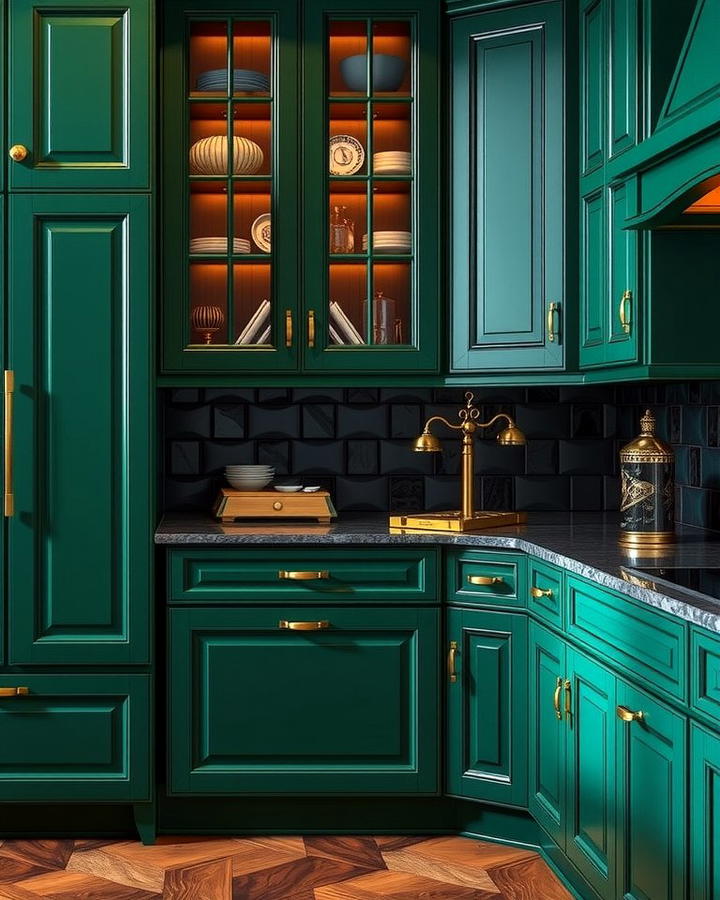 Emerald Green Cabinets with Brass Hardware