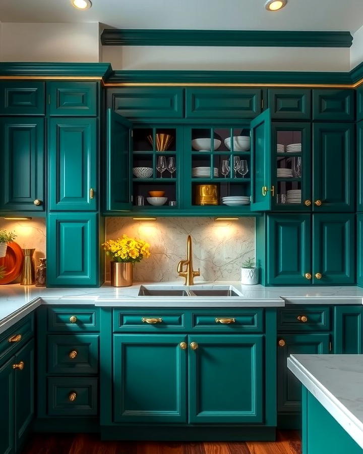 Emerald Green Cabinets with Gold Accents