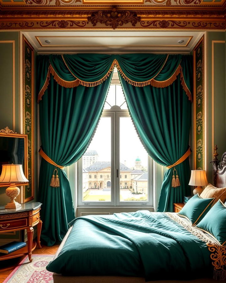 Emerald Green Curtains with Gold Tiebacks