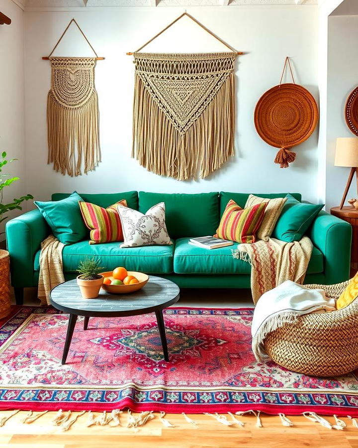 Emerald Green Sofa with Boho Chic Accents