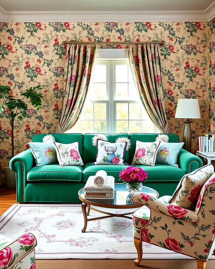 Emerald Green Sofa with Floral Patterns