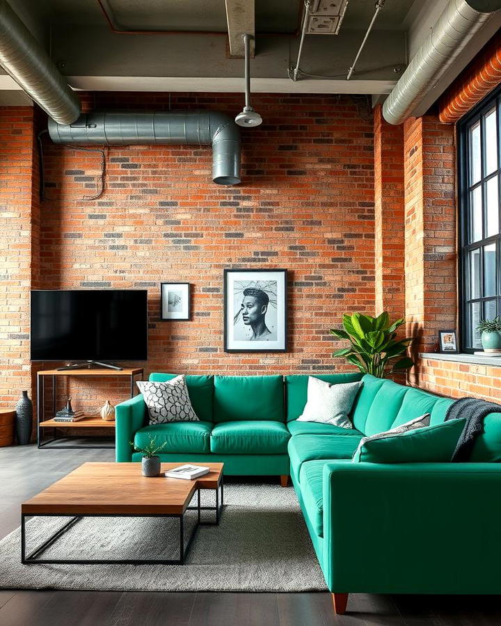 Emerald Green Sofa with Industrial Dcor