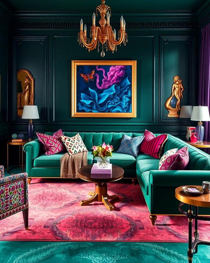 Emerald Green Sofa with Jewel Toned Accents