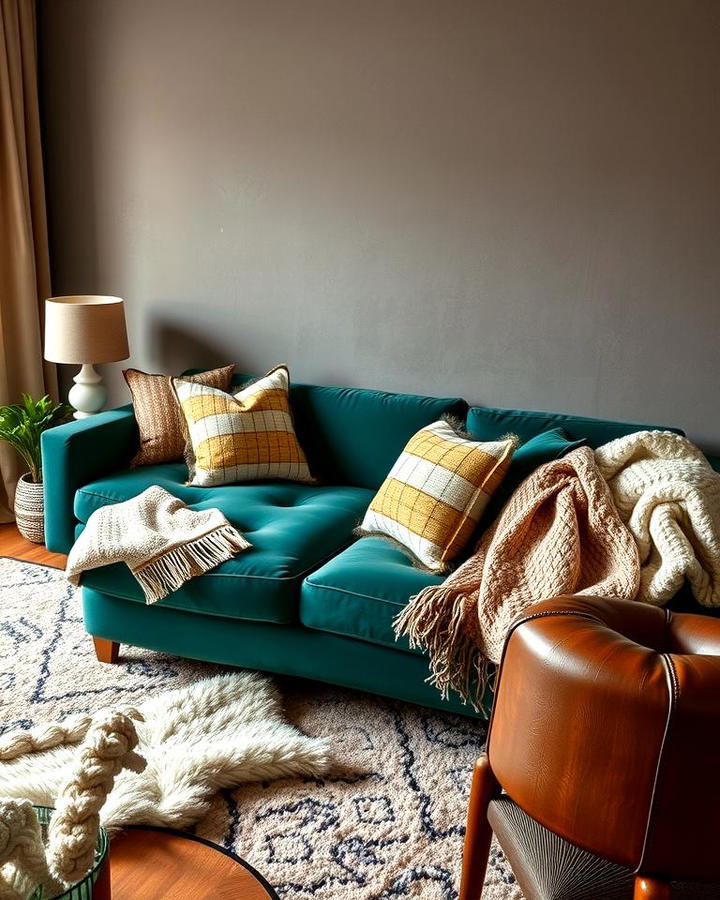 Emerald Green Sofa with Layered Textures