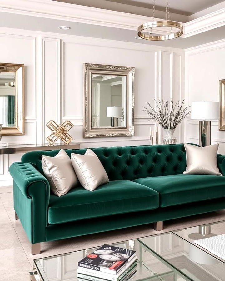 Emerald Green Sofa with Metallic Silver Accents