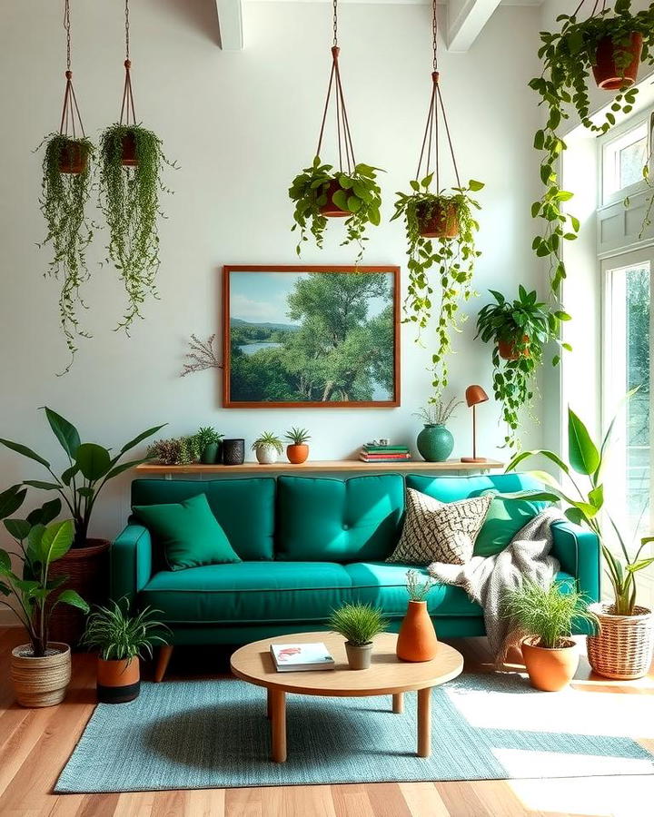 Emerald Green Sofa with Natural Greenery