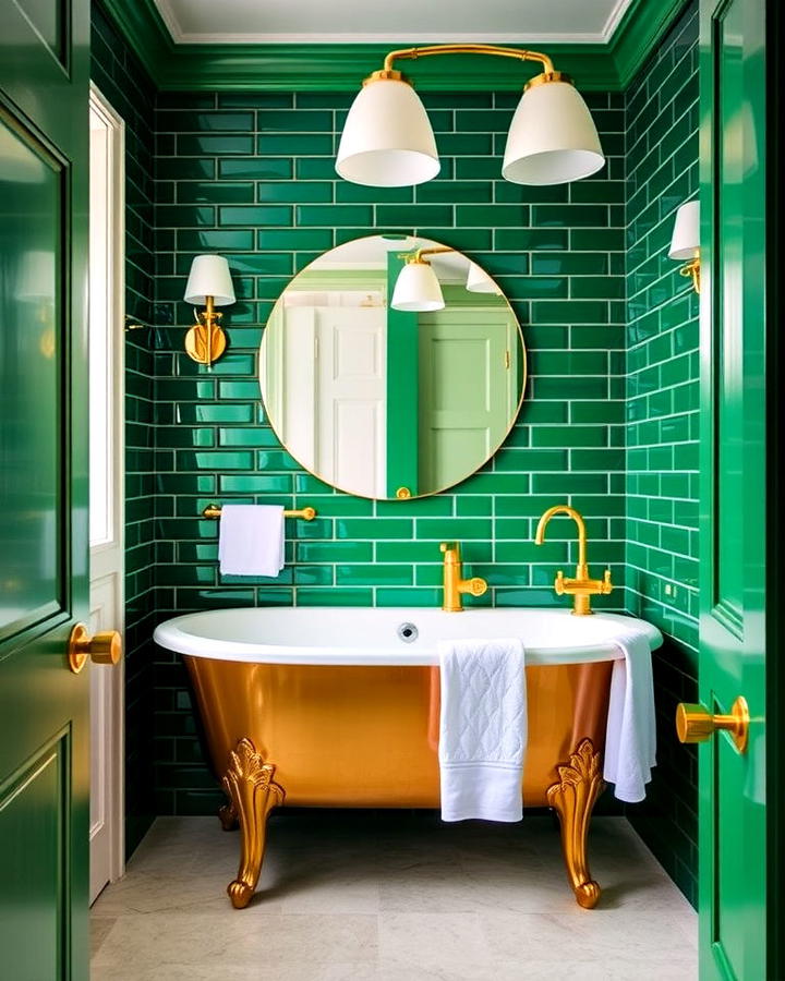 Emerald Green Walls Bathroom With Gold Fixtures