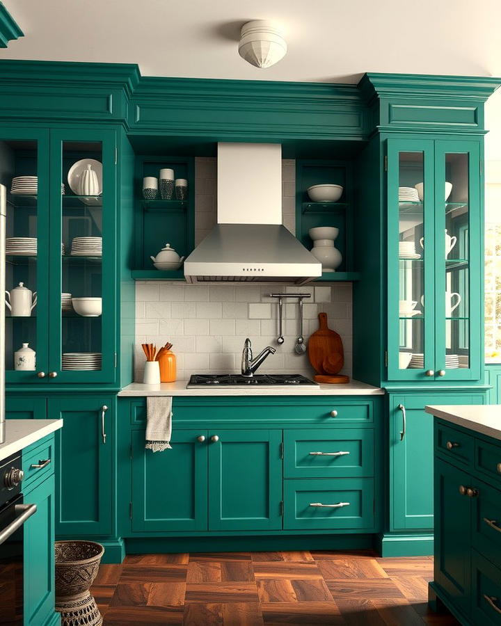 Emerald Green and Glass Cabinet Doors