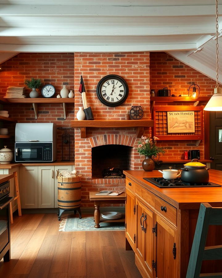 Farmhouse Kitchen with a Brick Fireplace