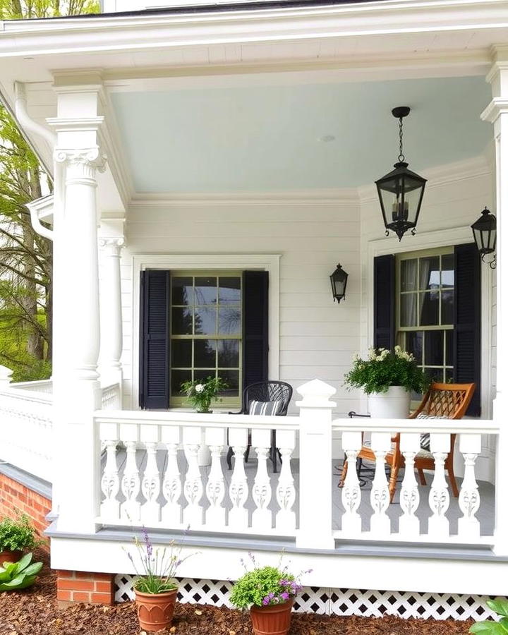 Farmhouse with White Railings and Decorative Balusters