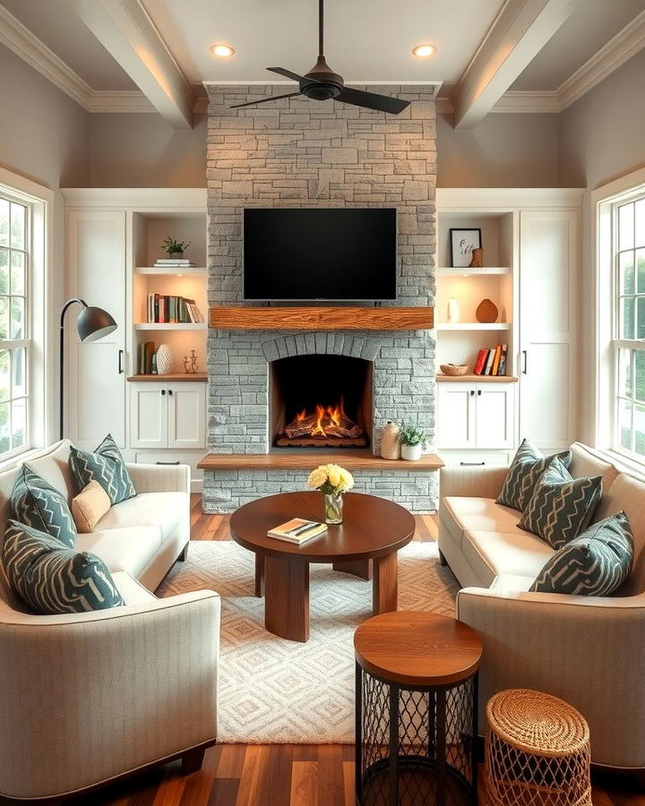 Faux Stone Fireplace with Built In Seating