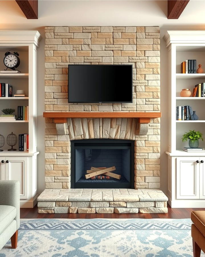 Faux Stone Fireplace with Built In Shelves