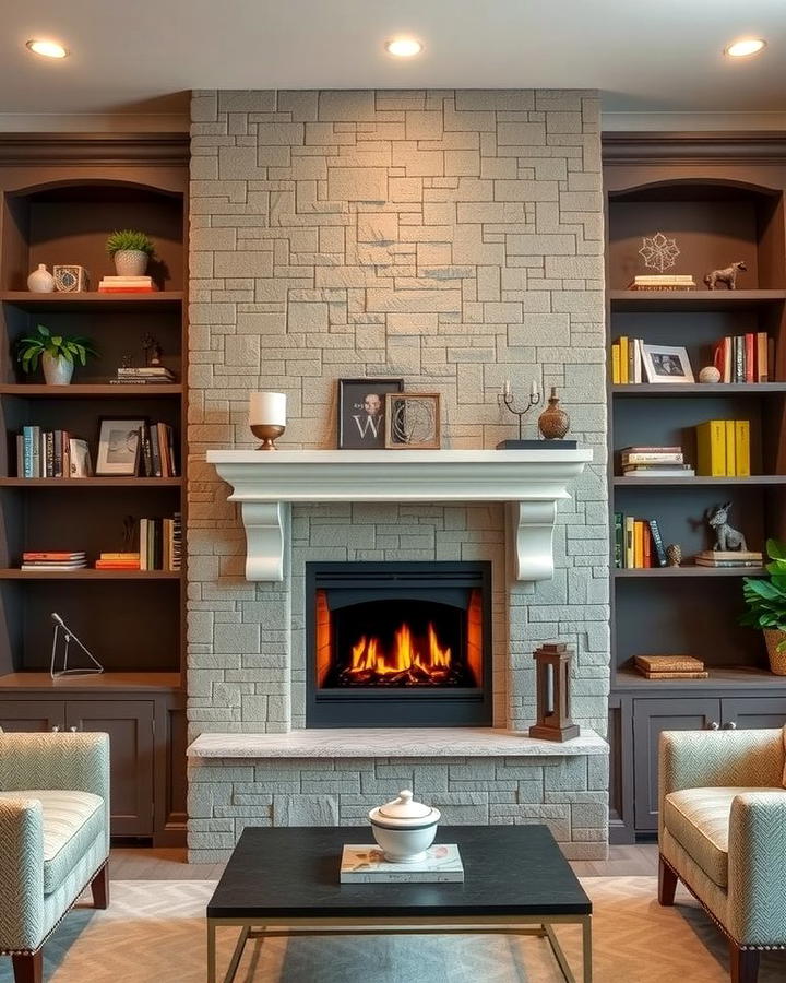 Faux Stone Fireplace with Built In Shelving