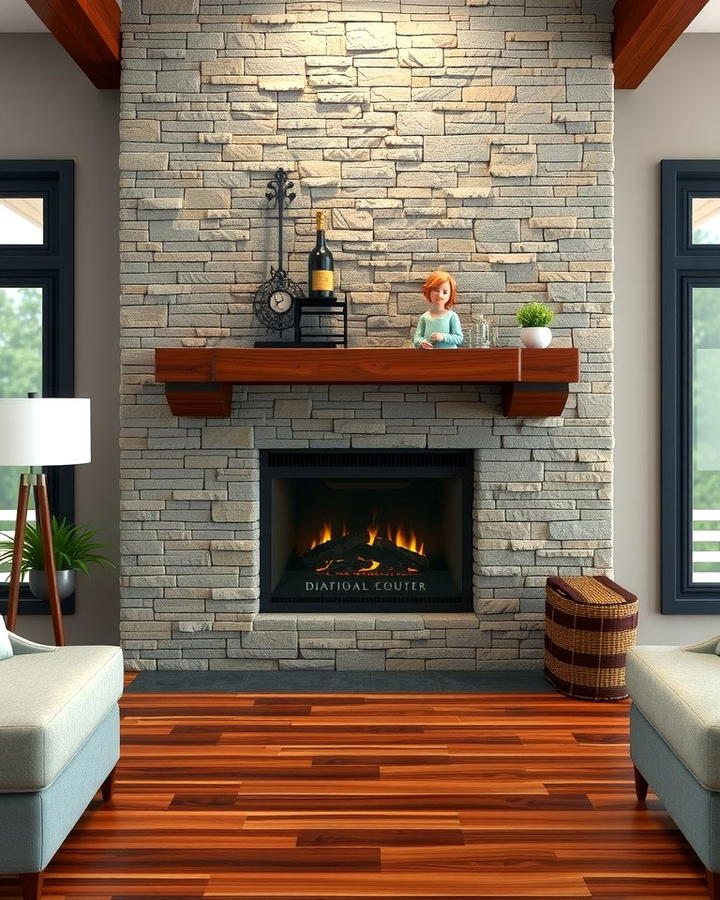 Faux Stone Fireplace with Contrasting Hearth